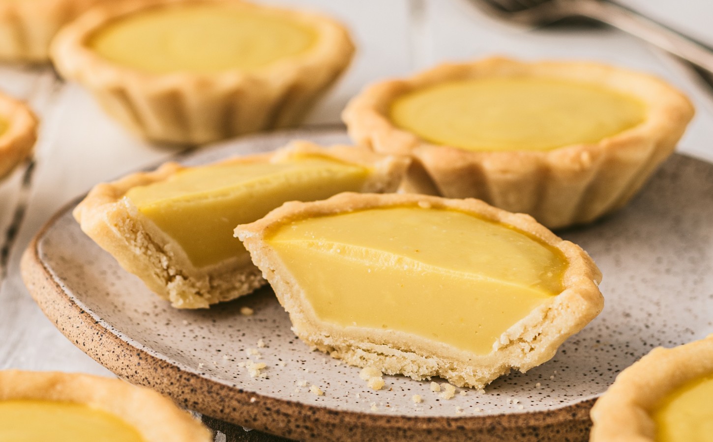 Vegan Chinese Egg Tarts with vegan crust, maple syrup glaze, vegan custard powder and kala namak