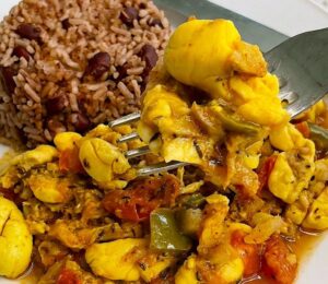 Vegan Ackee And Saltfish with onion, bell pepper, Jamaican seasoning, and more