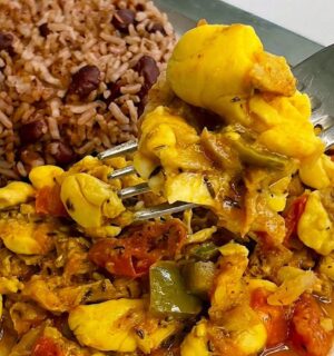 Vegan Ackee And Saltfish with onion, bell pepper, Jamaican seasoning, and more