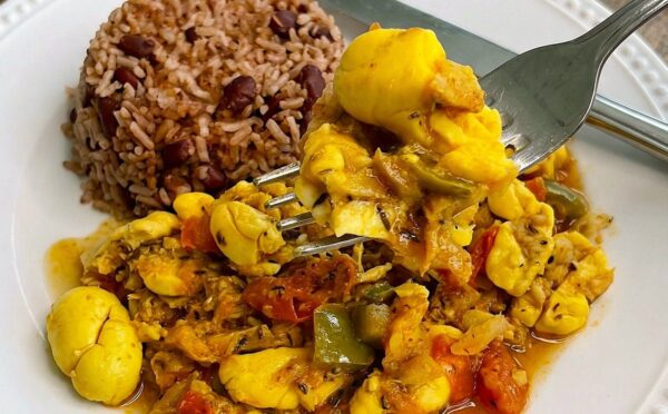 Vegan Ackee And Saltfish with onion, bell pepper, Jamaican seasoning, and more