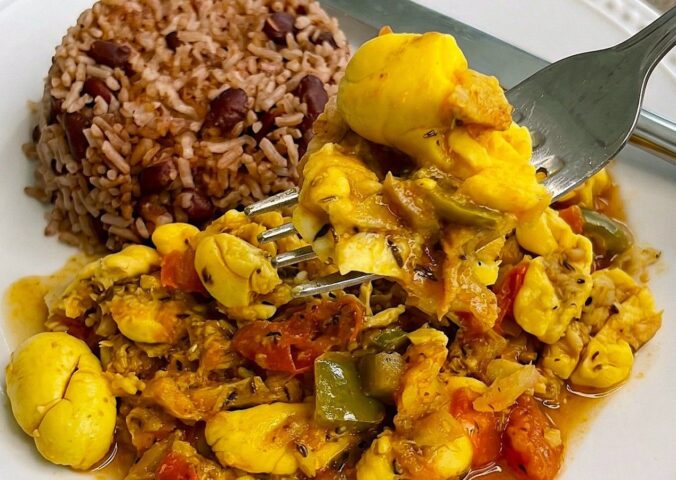 Vegan Ackee And Saltfish with onion, bell pepper, Jamaican seasoning, and more