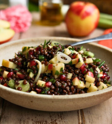 vegan apple summer salad with pomegranate, lentils, and mint