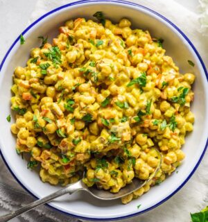 Vegan Curried Chickpea Salad with red onion, celery, red pepper, mayo, lemon, and curry powder