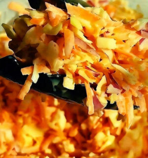 Vegan Jamaican coleslaw with cabbage, scotch bonnet, vegan mayo, sugar, lime and more