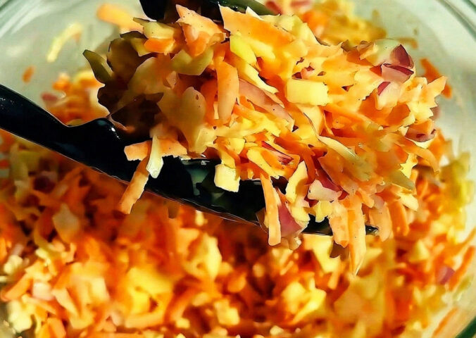Vegan Jamaican coleslaw with cabbage, scotch bonnet, vegan mayo, sugar, lime and more