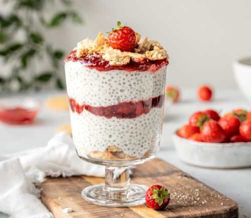 Strawberry Cheesecake Chia Pudding with coconut milk, cashews, vanilla, digestives, and strawberry compote