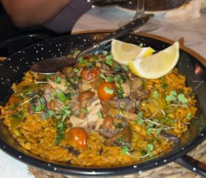 This mushroom paella at Mercado de San Miguel in Madrid is one of the stops on Reyes' vegan food tour of Spain