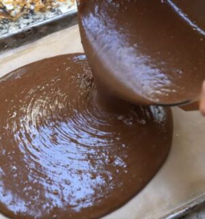 Schinner pours the cake batter, made using her vegan chocolate cake mix, from a bowl onto a baking tray