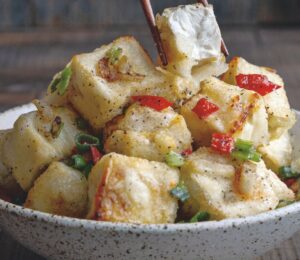 Air Fryer Salt And Pepper Tofu with scallion, garlic, and Sichuan peppercorns