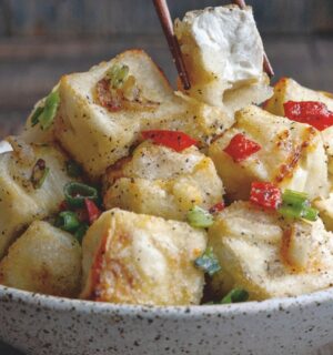 Air Fryer Salt And Pepper Tofu with scallion, garlic, and Sichuan peppercorns