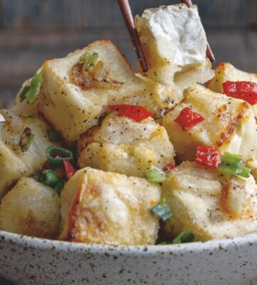Air Fryer Salt And Pepper Tofu with scallion, garlic, and Sichuan peppercorns