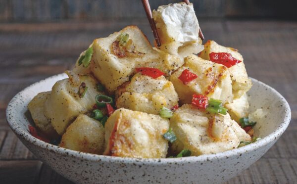 Air Fryer Salt And Pepper Tofu with scallion, garlic, and Sichuan peppercorns