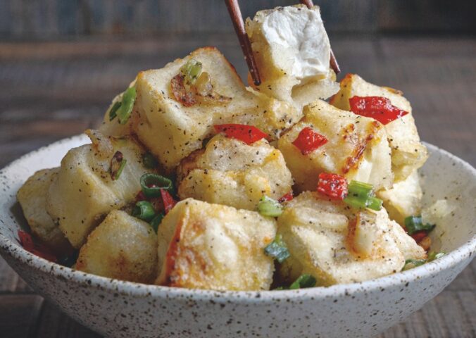 Air Fryer Salt And Pepper Tofu with scallion, garlic, and Sichuan peppercorns