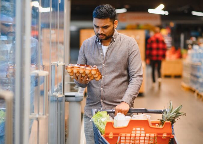 Photo shows a young man looking at a large box of eggs in the supermarket. According to a new poll, nearly three quarters of British shoppers incorrectly believe that farmed chickens are no longer caged