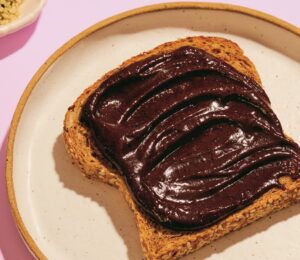 Brownie Batter Breakfast Toast made from hemp hearts, cocoa, and maple syrup