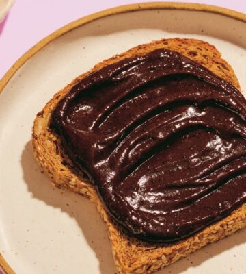 Brownie Batter Breakfast Toast made from hemp hearts, cocoa, and maple syrup