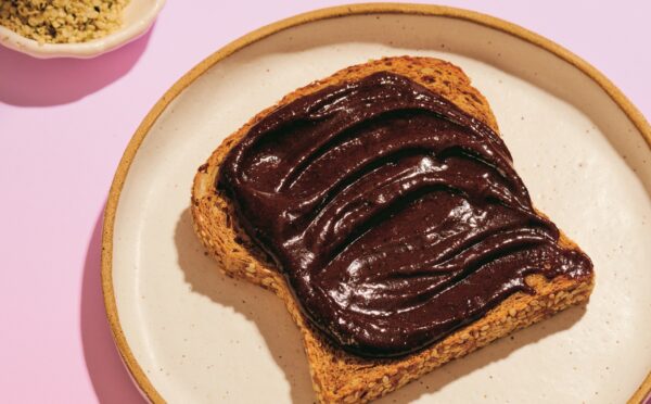 Brownie Batter Breakfast Toast made from hemp hearts, cocoa, and maple syrup