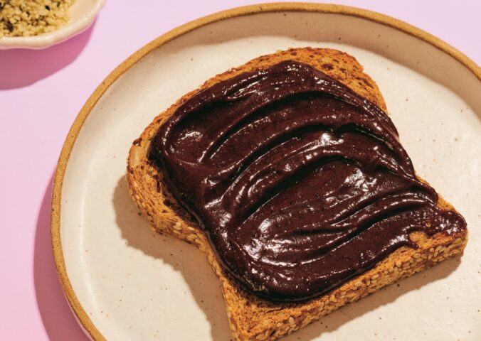 Brownie Batter Breakfast Toast made from hemp hearts, cocoa, and maple syrup