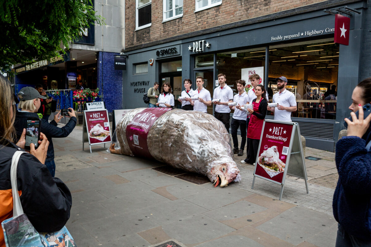 Photo shows a gigantic sculpture of a "frankenchicken" chicken wrap outside Pret. The ongoing stunt is the first of Anima’s £1 million “Public Accountability Campaign” focused on Pret’s broken promise to stop selling “Frankenchickens” by 2026