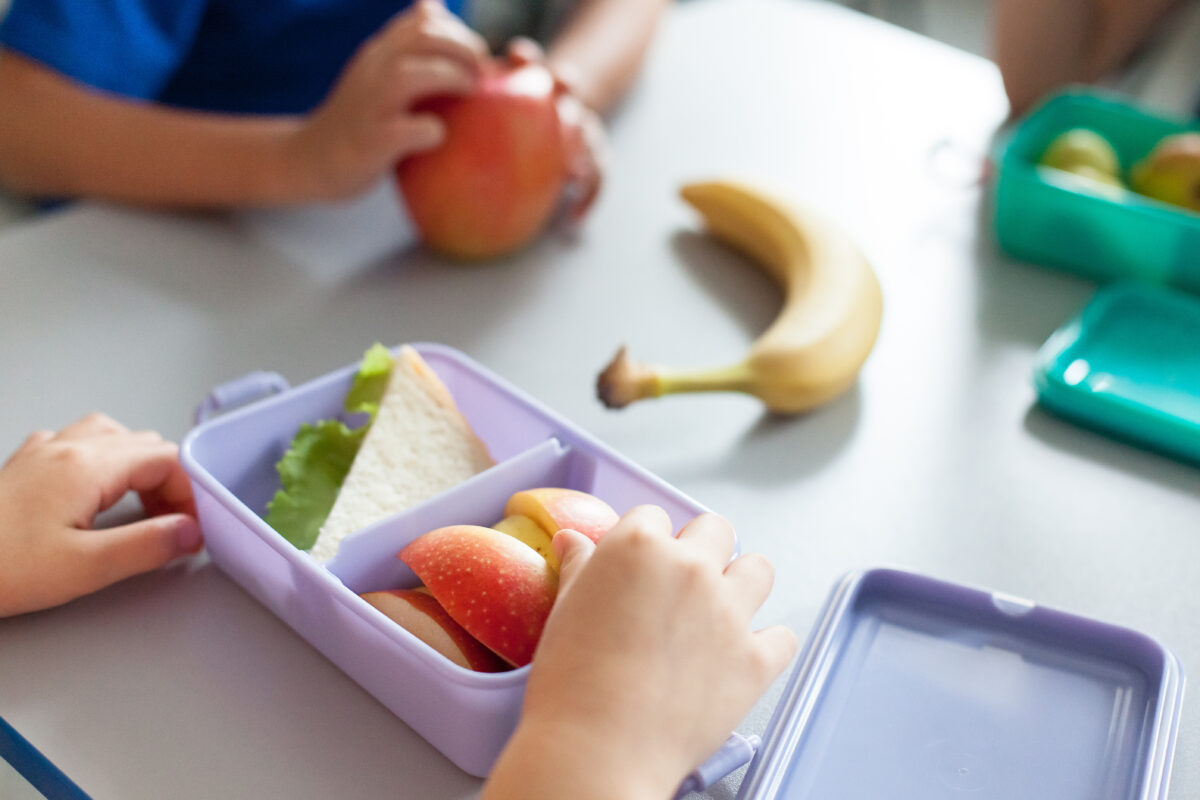 Photo shows two children's hands as they eat a plant-based lunch with salad and fruit