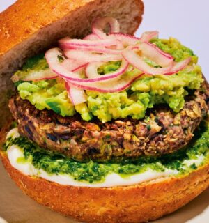 Cumin Lime Black Bean Burgers with cilantro, onion, black beans, lime, and vegan mayo
