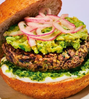 Cumin Lime Black Bean Burgers with cilantro, onion, black beans, lime, and vegan mayo