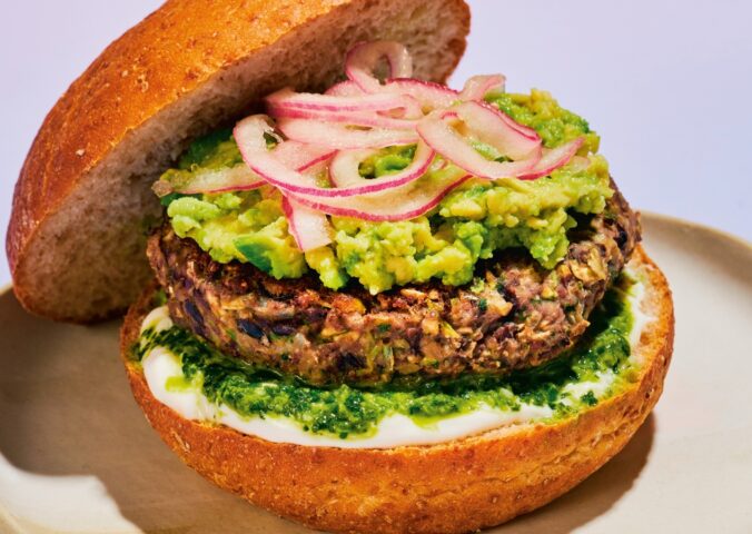Cumin Lime Black Bean Burgers with cilantro, onion, black beans, lime, and vegan mayo