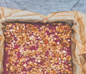 Ginger-Infused Strawberry Oat Bake with chia and jam and ground almonds