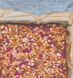 Ginger-Infused Strawberry Oat Bake with chia and jam and ground almonds