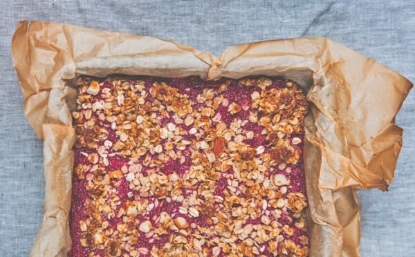 Ginger-Infused Strawberry Oat Bake with chia and jam and ground almonds
