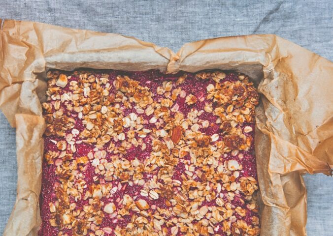 Ginger-Infused Strawberry Oat Bake with chia and jam and ground almonds
