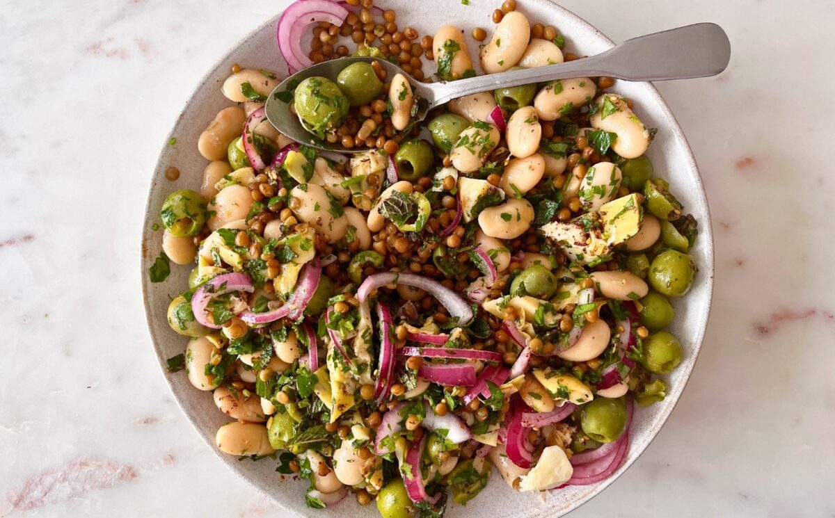 herby olive butter bean and lentil salad with pickled onion and za'atar for vegan summer salads
