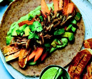 Island-Style Jerk Pulled Mushroom Wraps with plantain, jalapeno, and almond flatbreads