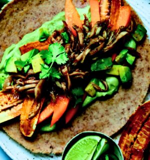Island-Style Jerk Pulled Mushroom Wraps with plantain, jalapeno, and almond flatbreads