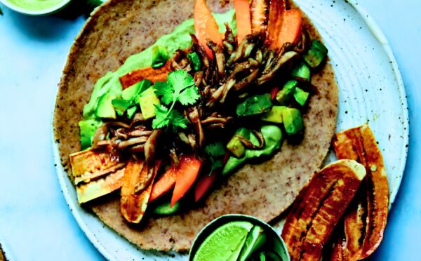 Island-Style Jerk Pulled Mushroom Wraps with plantain, jalapeno, and almond flatbreads
