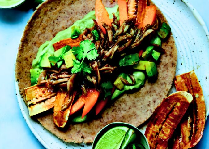 Island-Style Jerk Pulled Mushroom Wraps with plantain, jalapeno, and almond flatbreads