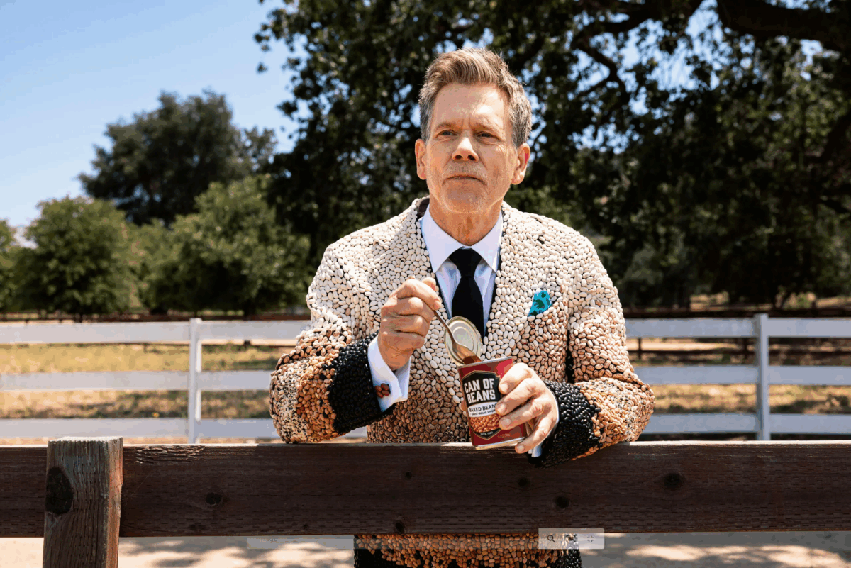 Photo shows Kevin Bacon eating a tin of beans. Kevin Bacon has suggested swapping meat for beans on a Wednesday to improve your health, harm fewer animals, and protect the planet