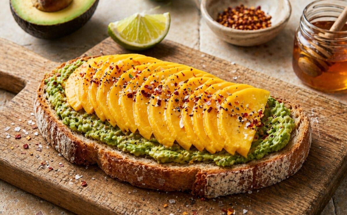 sweet and spicy mango avocado toast with lime, chili, vegan honey, and hemp hearts for vegan mango recipes