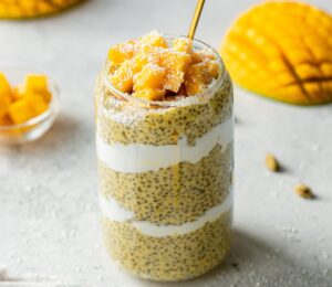 Mango Lassi Chia Pudding with cardamom, maple syrup, and fresh mango