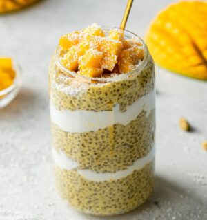 Mango Lassi Chia Pudding with cardamom, maple syrup, and fresh mango