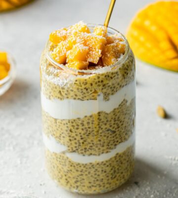 Mango Lassi Chia Pudding with cardamom, maple syrup, and fresh mango