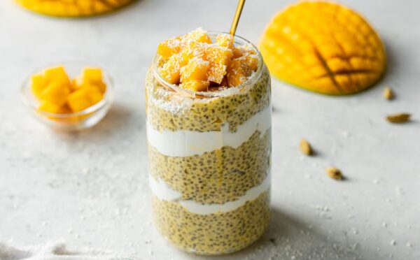 Mango Lassi Chia Pudding with cardamom, maple syrup, and fresh mango