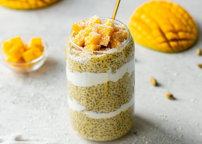 Mango Lassi Chia Pudding with cardamom, maple syrup, and fresh mango