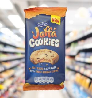 Photo shows a pack of Jaffa Cookies, the new vegan Jaffa Cake style product from McVitie's.