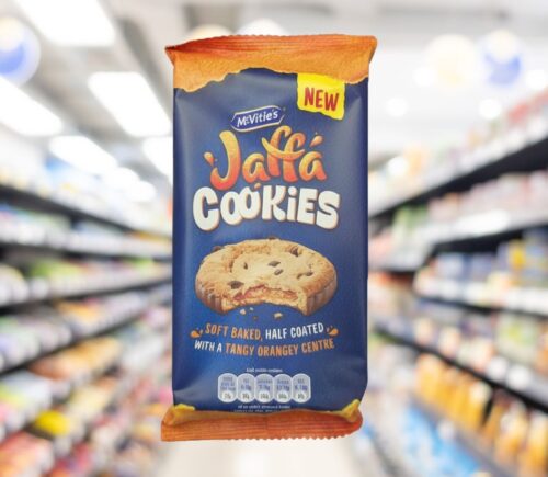 Photo shows a pack of Jaffa Cookies, the new vegan Jaffa Cake style product from McVitie's.
