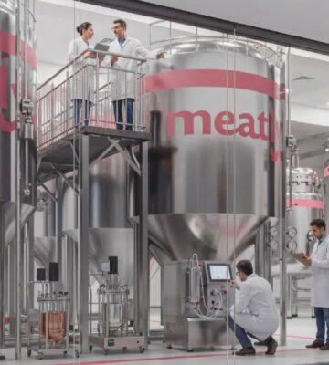 Photo shows some of the production facilities at a Meatly factory. Meatly is building Europe’s largest cultivated meat production facility in London, UK
