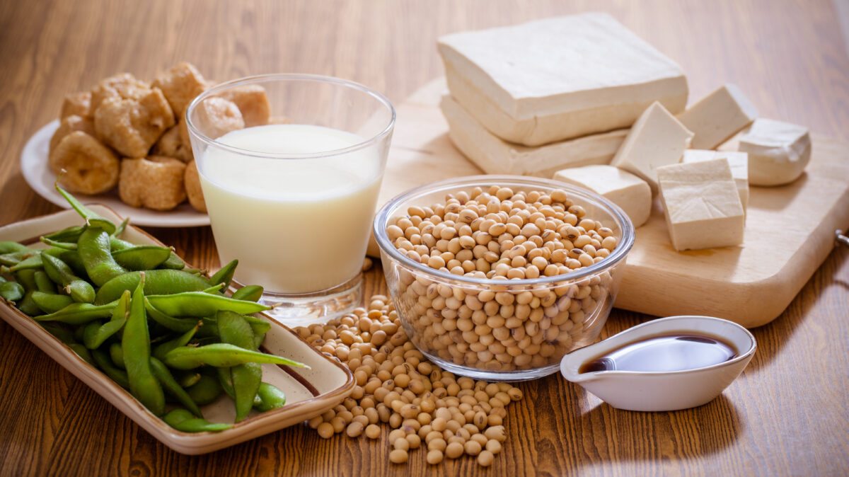 Photo shows a selection of soy products on a wooden table. A new survey has found that just over half of men perceive meat and the carnivore diet as masculine, and 35 percent associate soy products with femininity