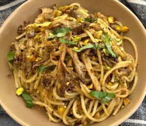 Oyster Mushroom And Preserved Lemon Pasta with nutritional yeast and olive oil