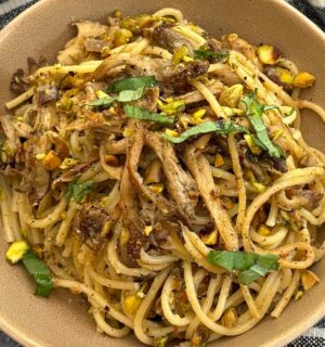 Oyster Mushroom And Preserved Lemon Pasta with nutritional yeast and olive oil