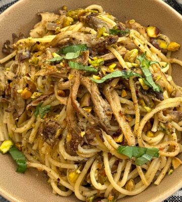 Oyster Mushroom And Preserved Lemon Pasta with nutritional yeast and olive oil